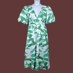 Gingham & Heels Womens White Green Splash V-Neck Safrina Midi Dress Size 14 NWT